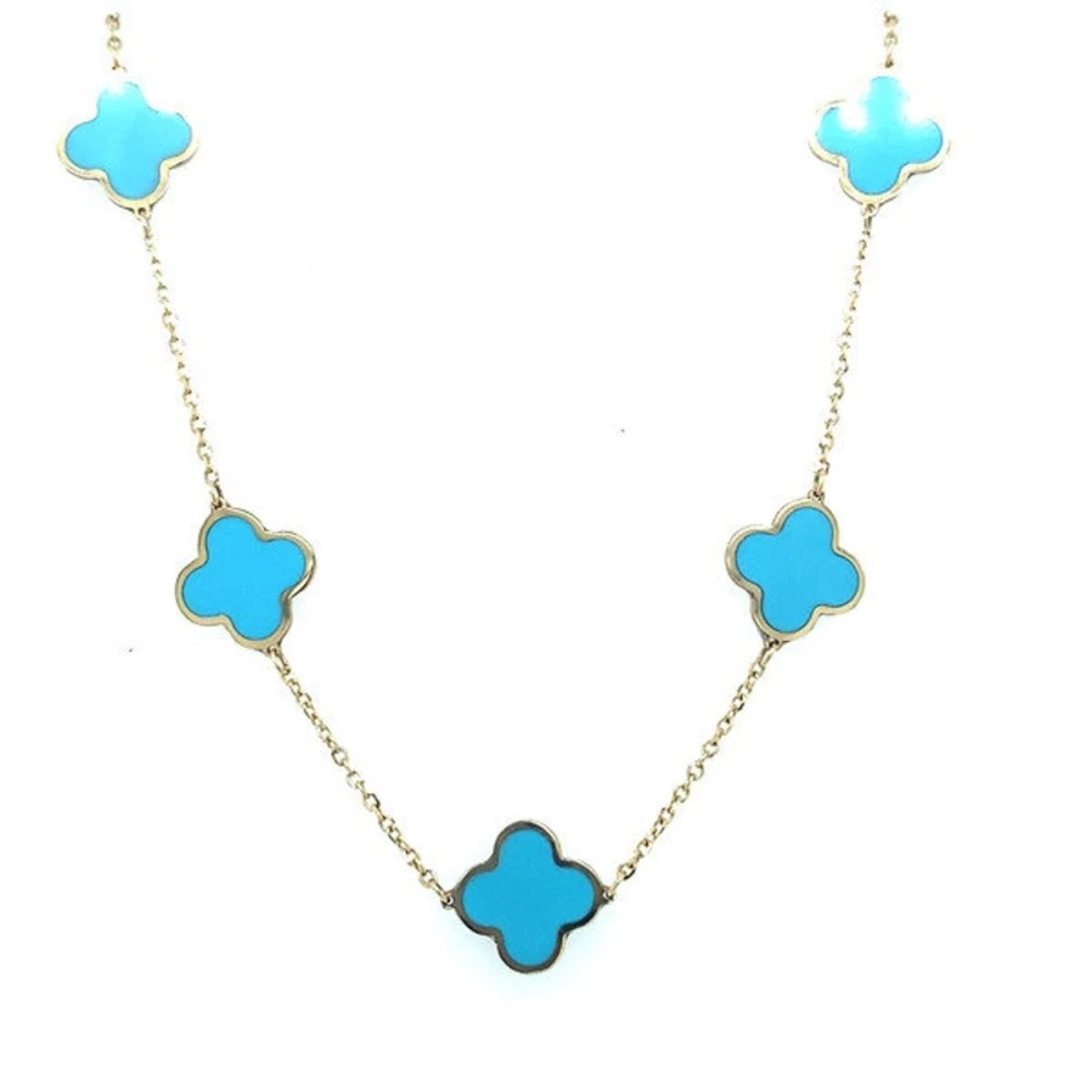 Turquoise Clover Necklace 14K Solid Italian Gold